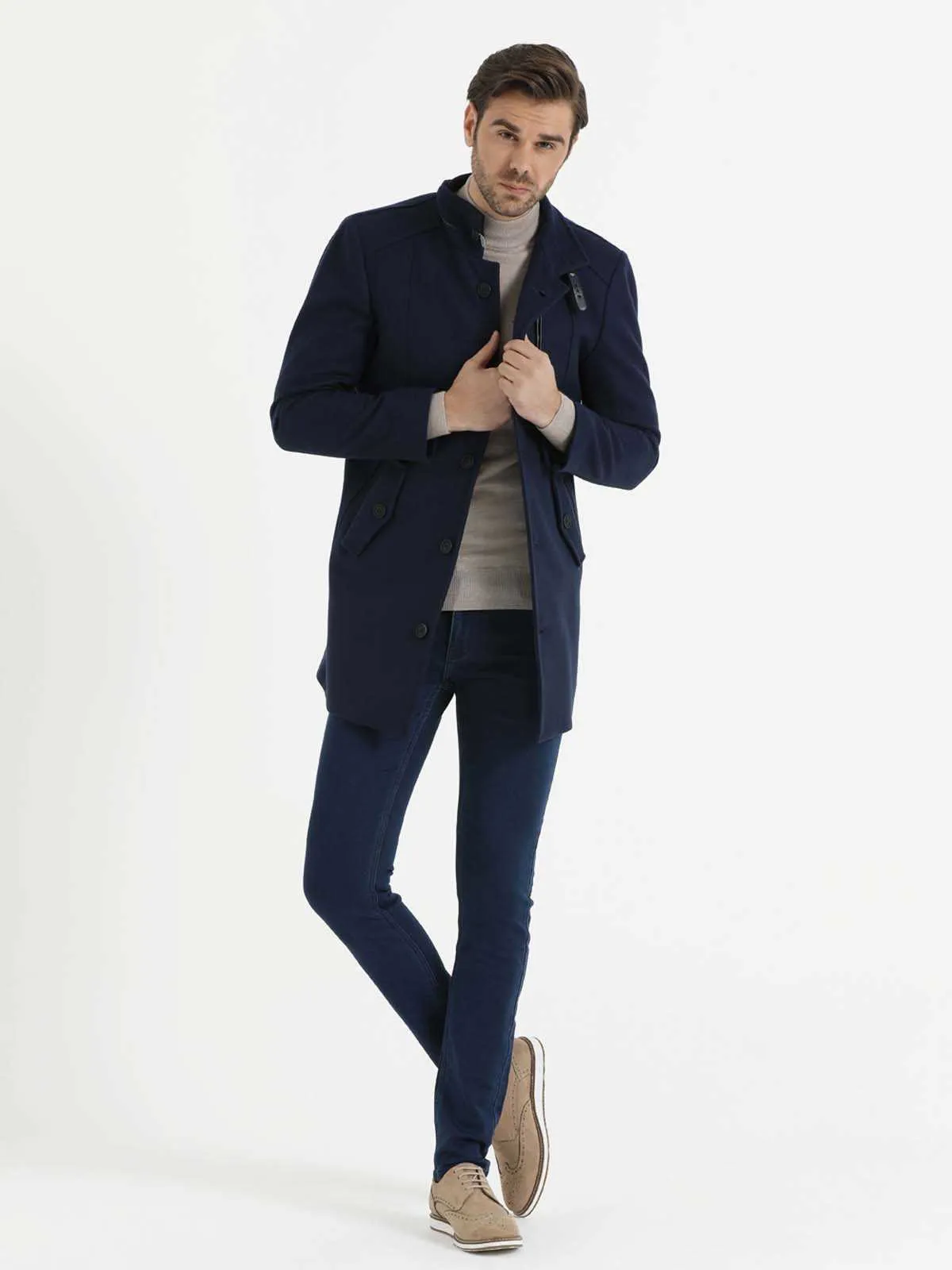 Slim Fit Stand Collar  Woollen Overcoat, Indigo