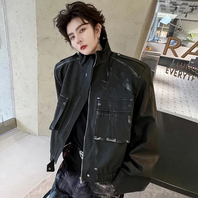 Solid 3D Multi Pocket PU Leather Jacket