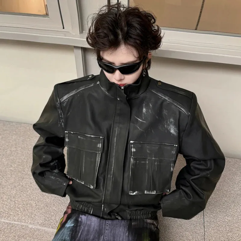 Solid 3D Multi Pocket PU Leather Jacket