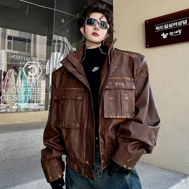 Solid 3D Multi Pocket PU Leather Jacket