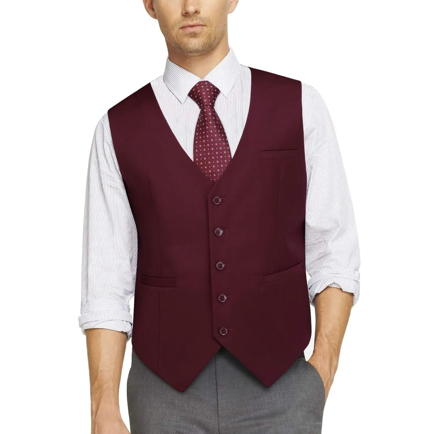 Solid 3pc Suit Vest Set - BURGUNDY-2