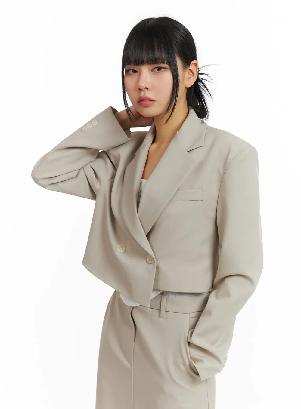 Solid Collar Button Crop Jacket IM414