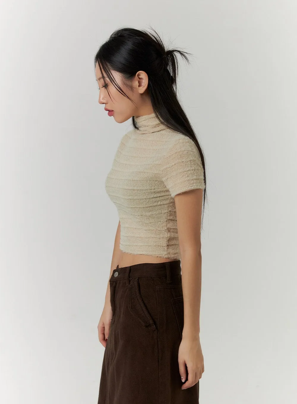 Solid High Collar Rib Knit Crop Top CD315