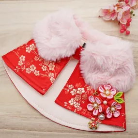 Spring Imperial Scarlett Blossoms CNY Cape with Faux Fur Collar