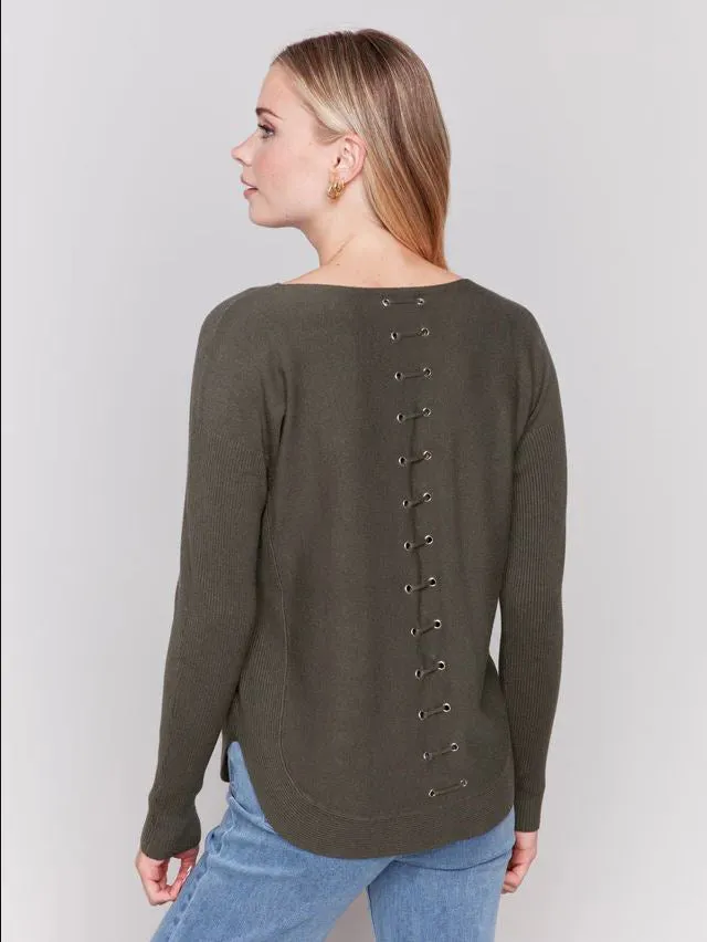 Sweater with Front Pockets and Back Lacing in Spruce by Charlie B