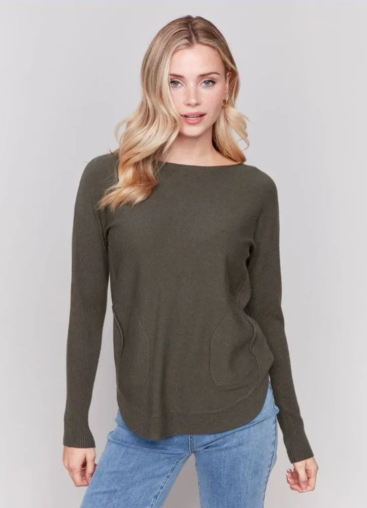 Sweater with Front Pockets and Back Lacing in Spruce by Charlie B