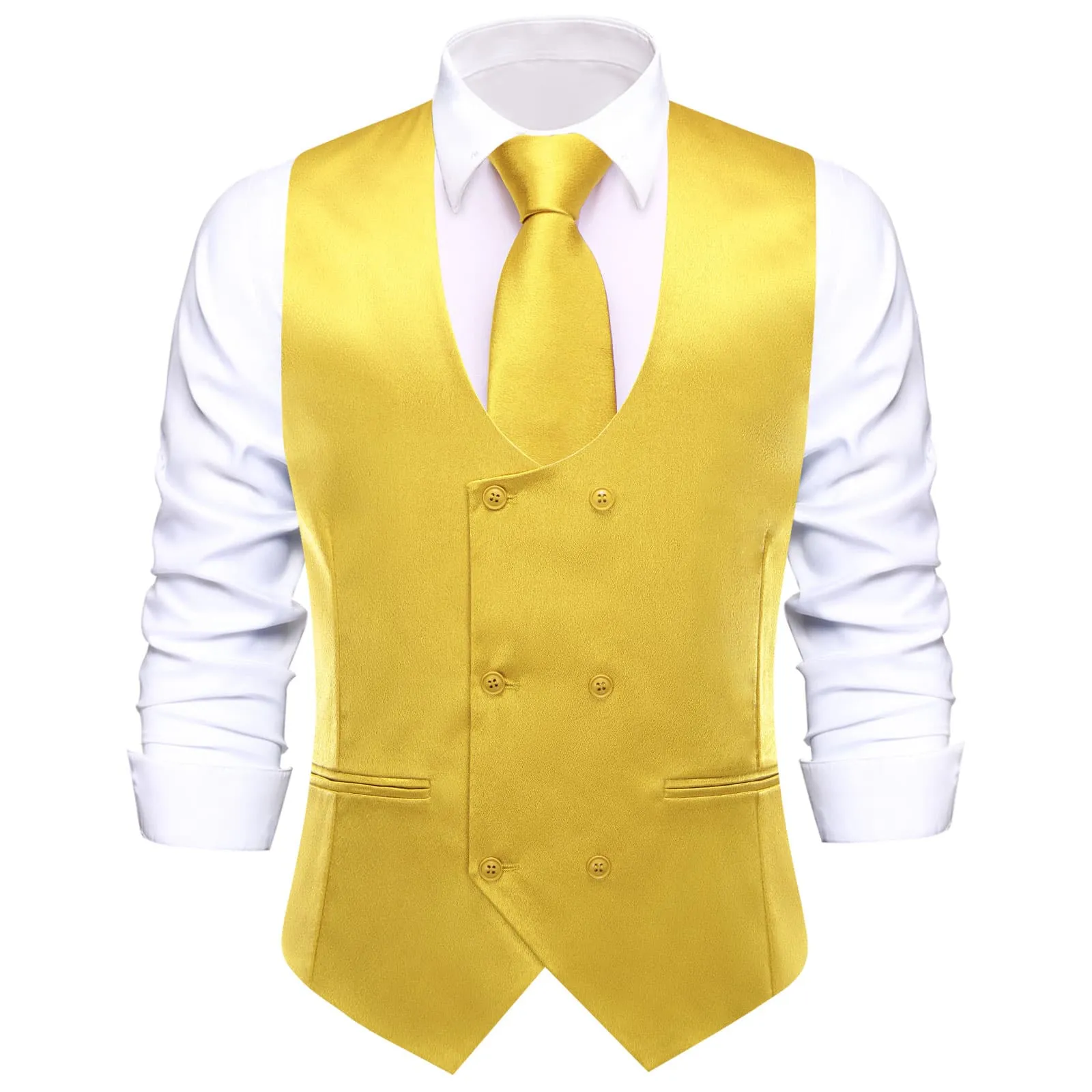 Ties2you Double Breasted Vest Jonquil Yellow Solid Mens Vest Tie Bowtie Set 5PC