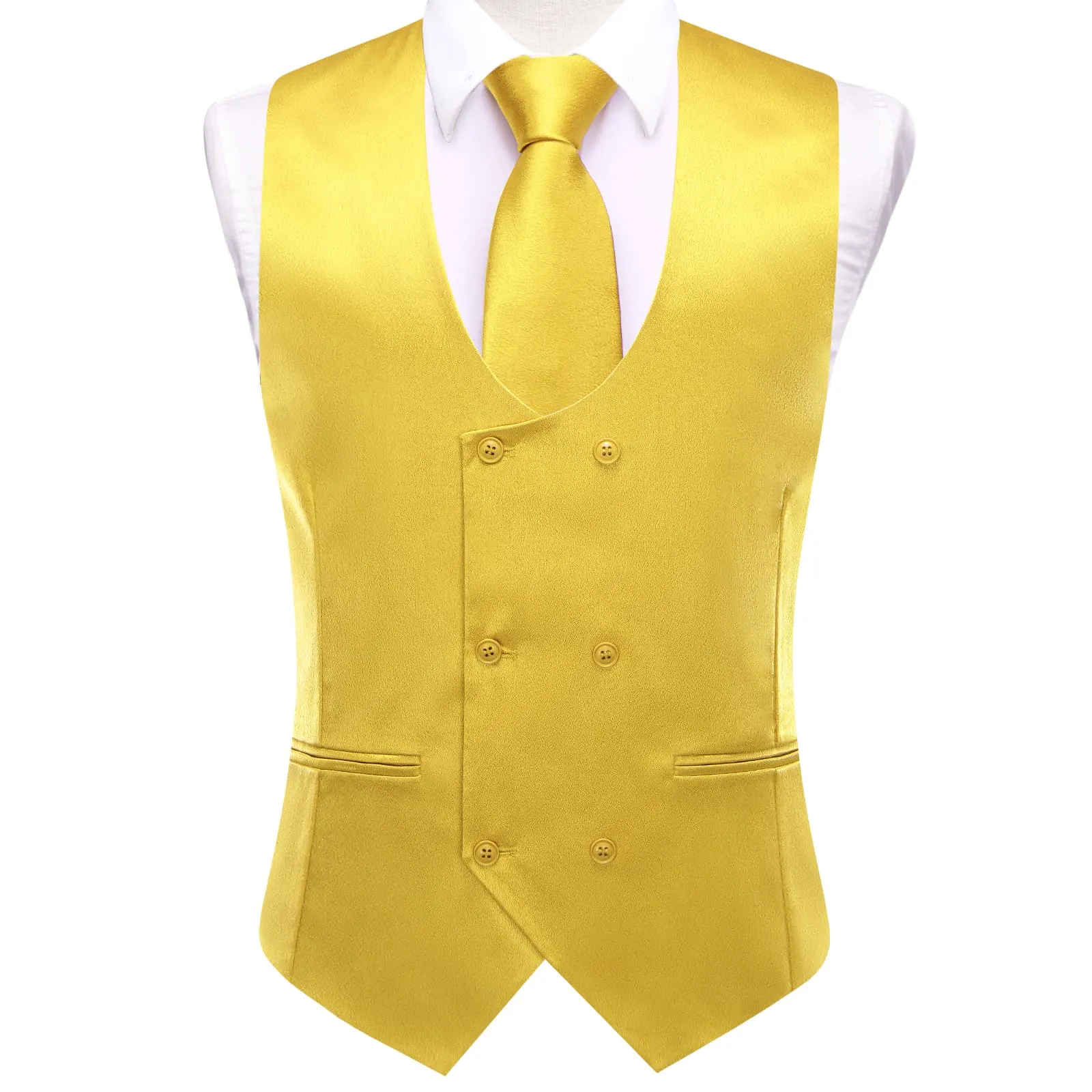 Ties2you Double Breasted Vest Jonquil Yellow Solid Mens Vest Tie Bowtie Set 5PC