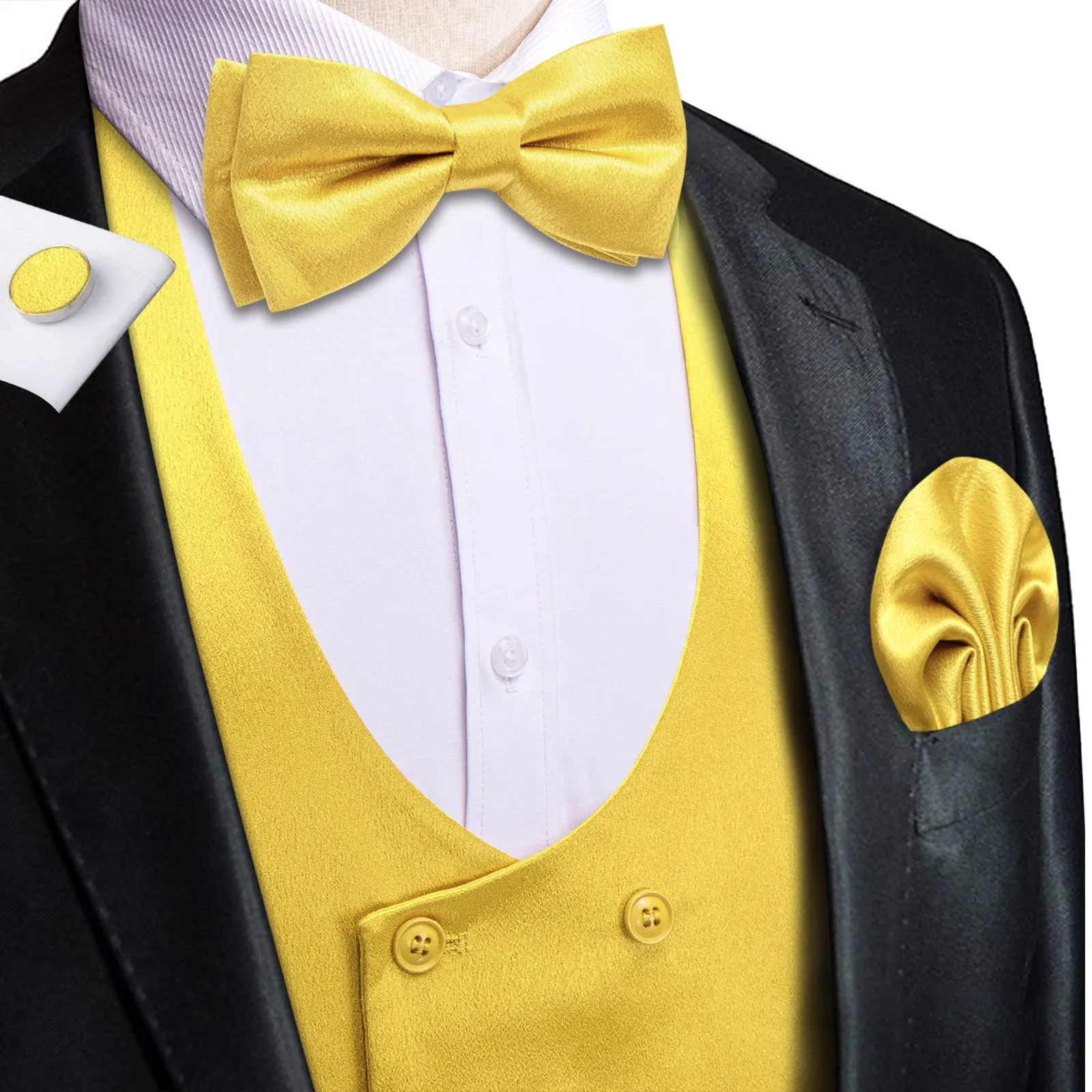 Ties2you Double Breasted Vest Jonquil Yellow Solid Mens Vest Tie Bowtie Set 5PC