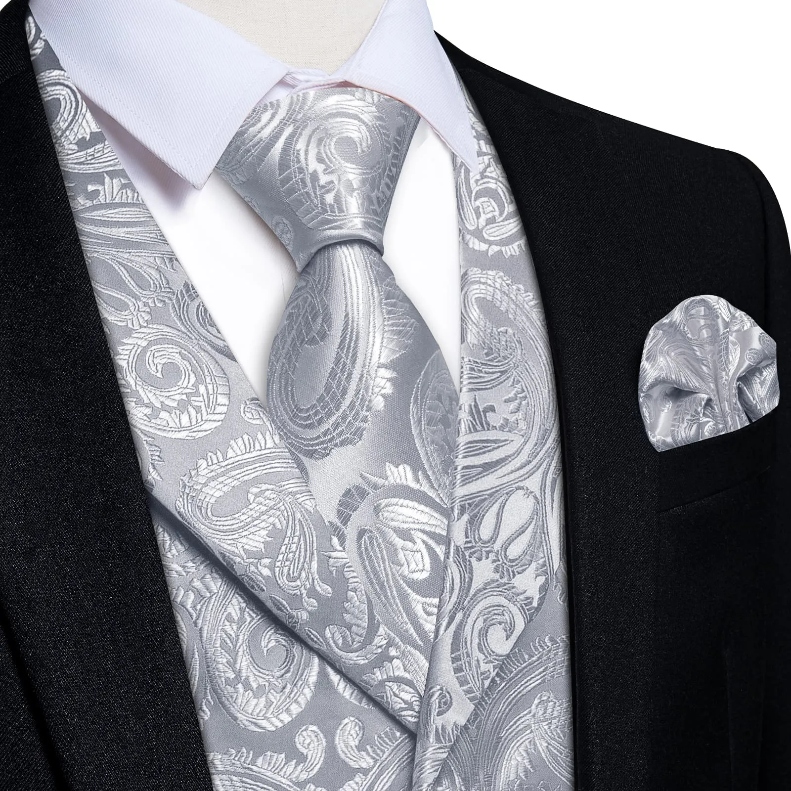 Ties2you Dress Vest Manatee Grey Paisley Notched Collar Silk Mens Work Vest Tie Set