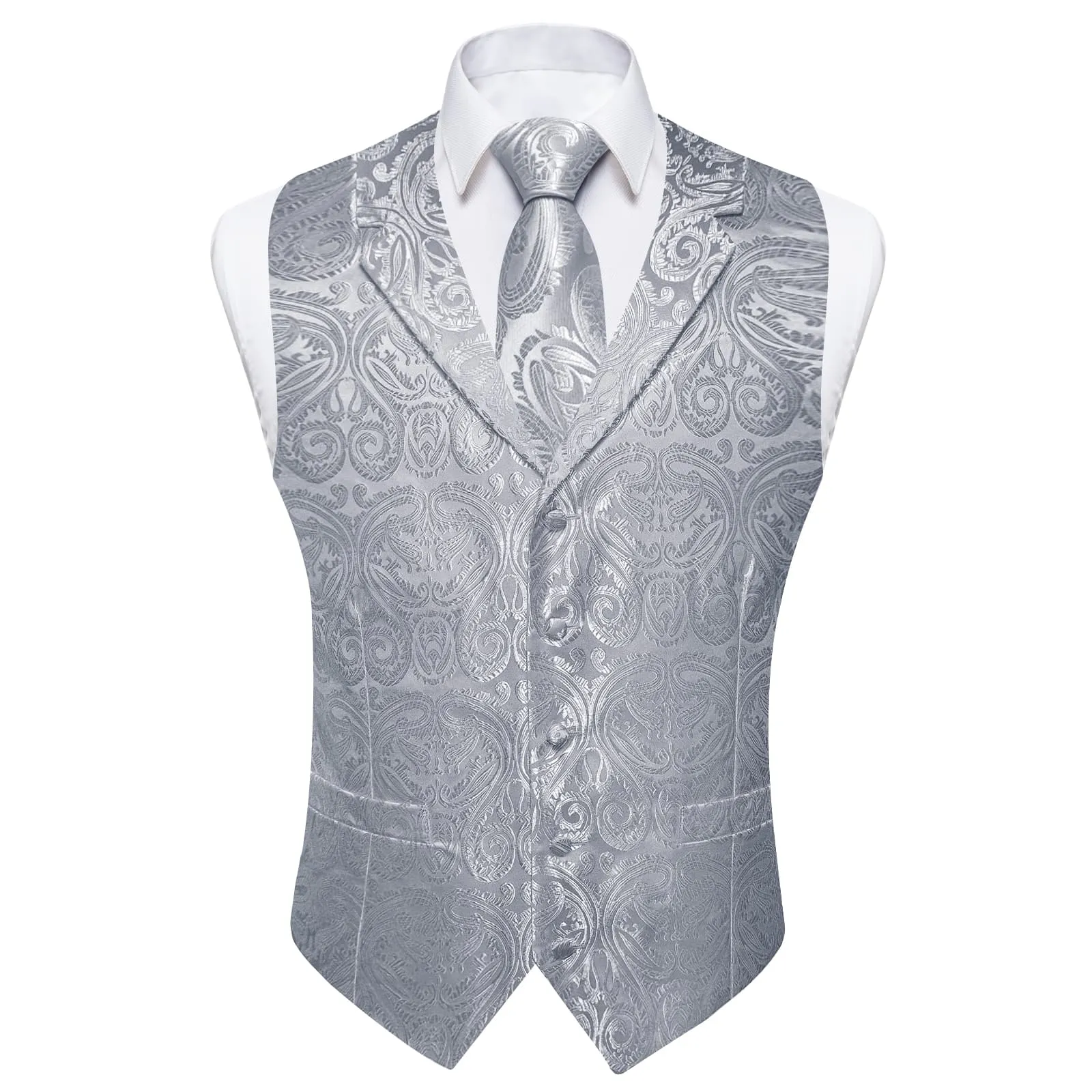 Ties2you Dress Vest Manatee Grey Paisley Notched Collar Silk Mens Work Vest Tie Set