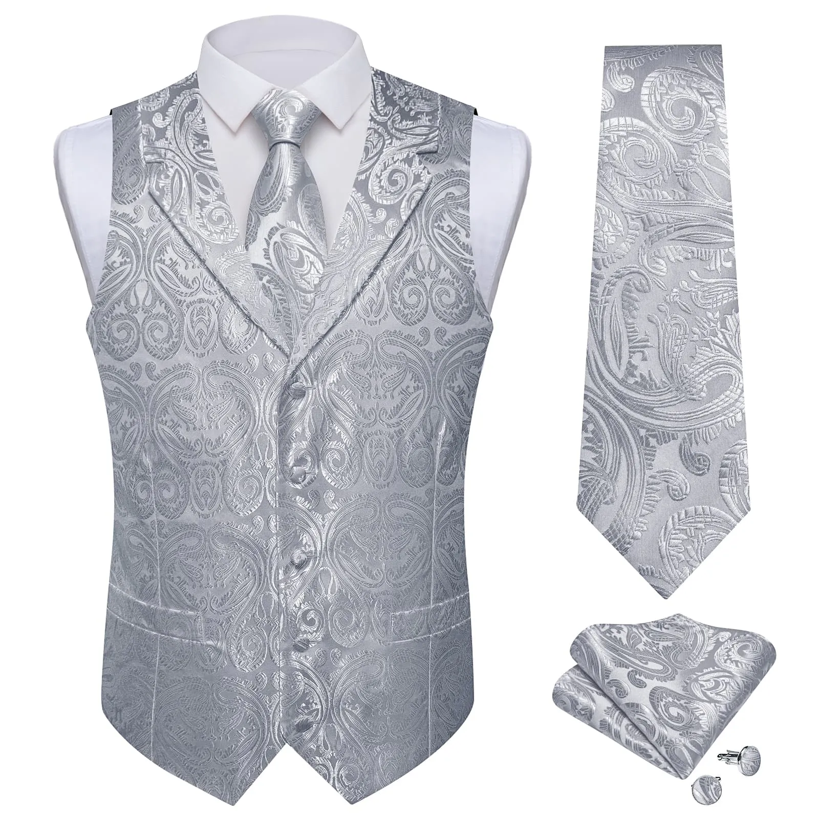 Ties2you Dress Vest Manatee Grey Paisley Notched Collar Silk Mens Work Vest Tie Set