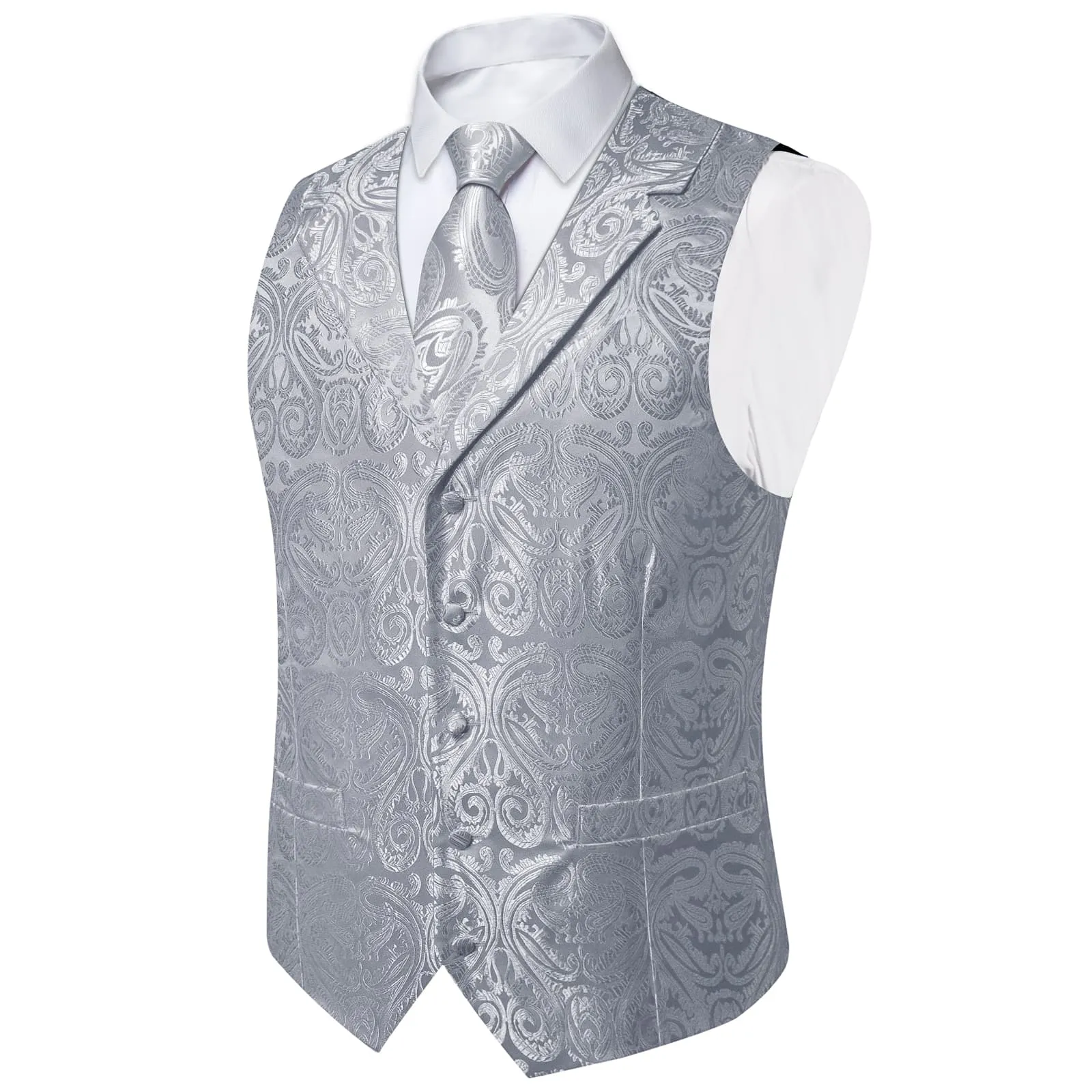 Ties2you Dress Vest Manatee Grey Paisley Notched Collar Silk Mens Work Vest Tie Set