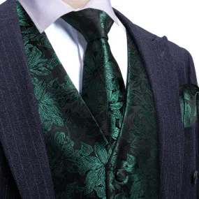 Ties2you Mens Vest Top Dark Green Floral Silk Dress Vest Tie Handkerchief Cufflinks Set