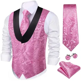 Ties2you Shawl Collar Vest Hot Pink Paisley Silk Men's Vest Necktie Hanky Cufflinks Set Fashion