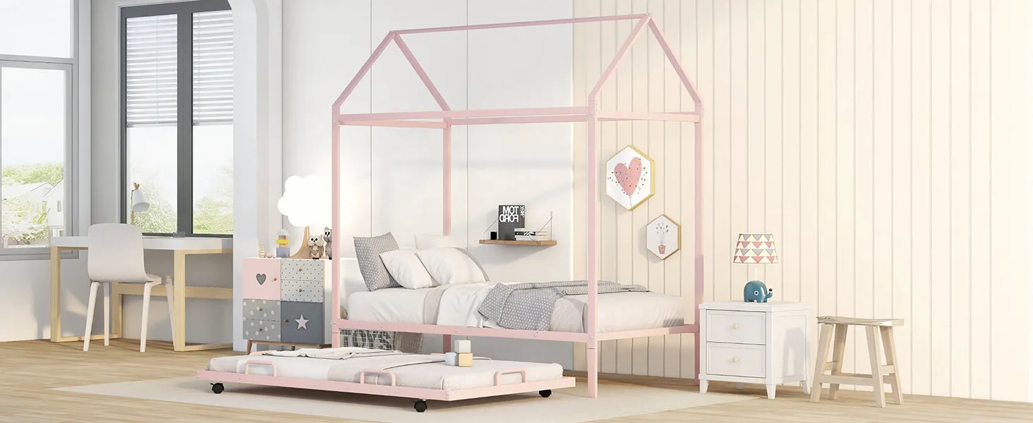 Twin Size Kids House Bed With Trundle, Metal House Bed Pink