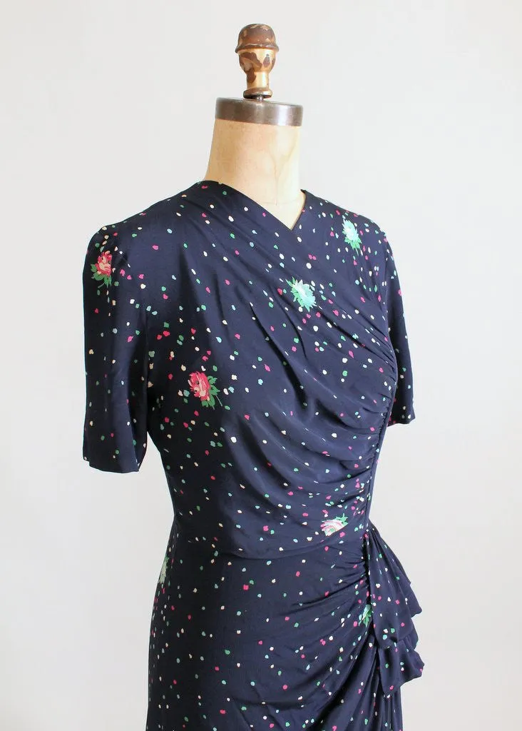 Vintage 1940s Navy Floral Rayon Side Draping Dress