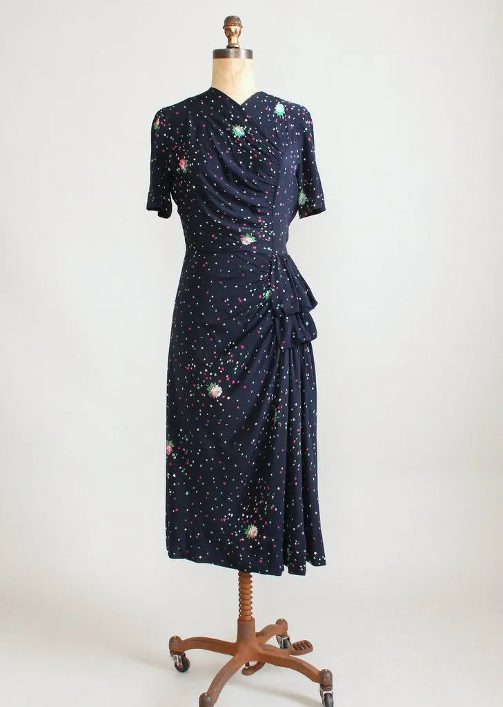 Vintage 1940s Navy Floral Rayon Side Draping Dress