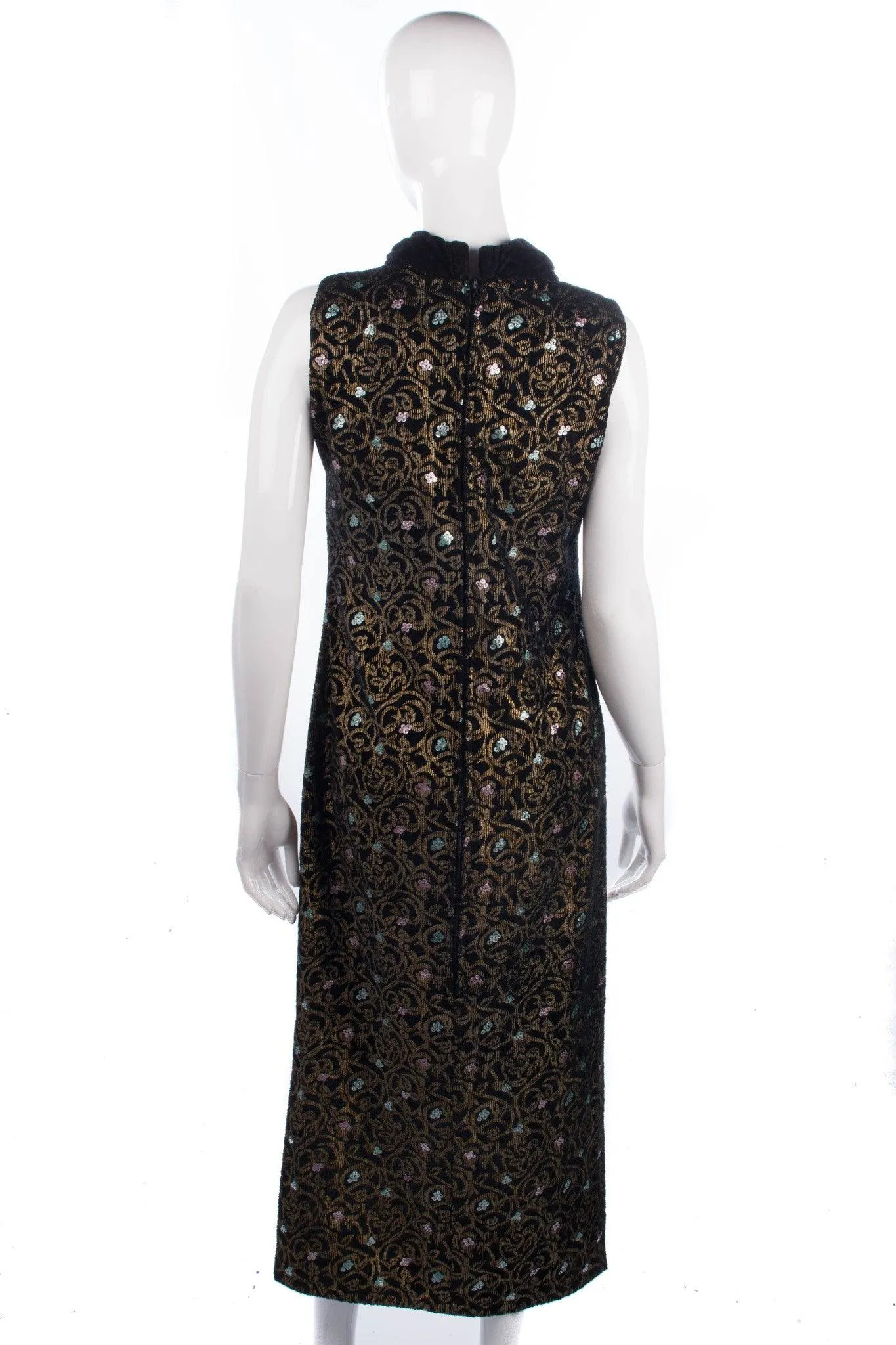 Vintage 1970's Sleeveless Long Dress Black and Gold Size 12