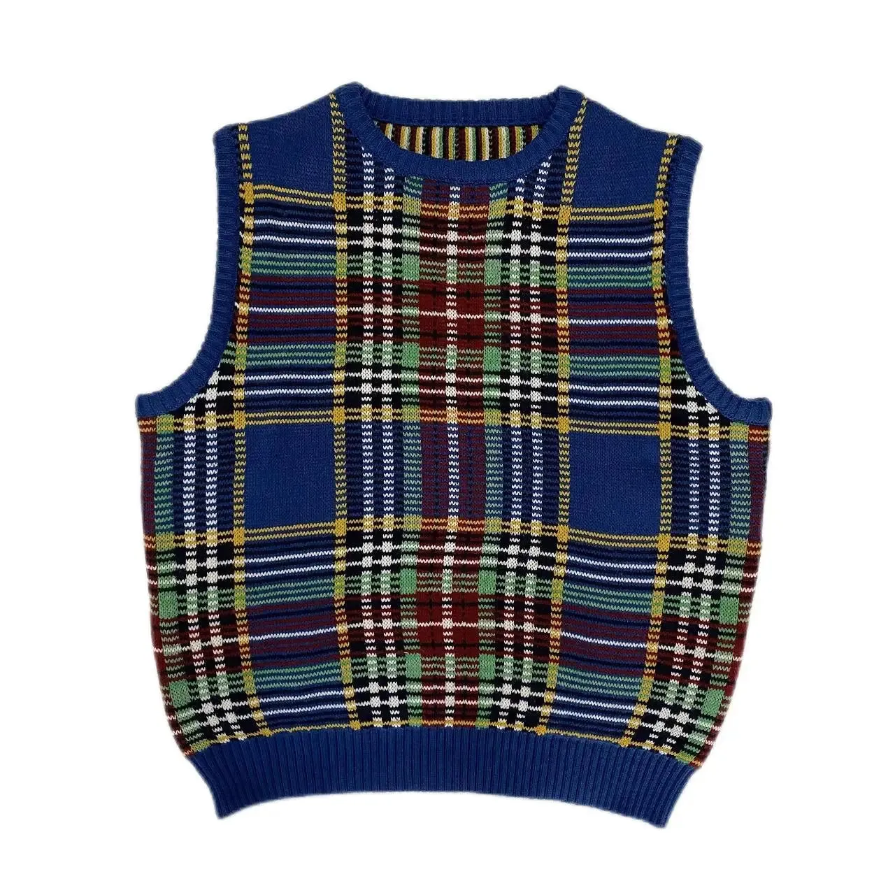 Vintage Japan Style Knitting Plaid Sweater Vest - Sleeveless Round Neck Pullover