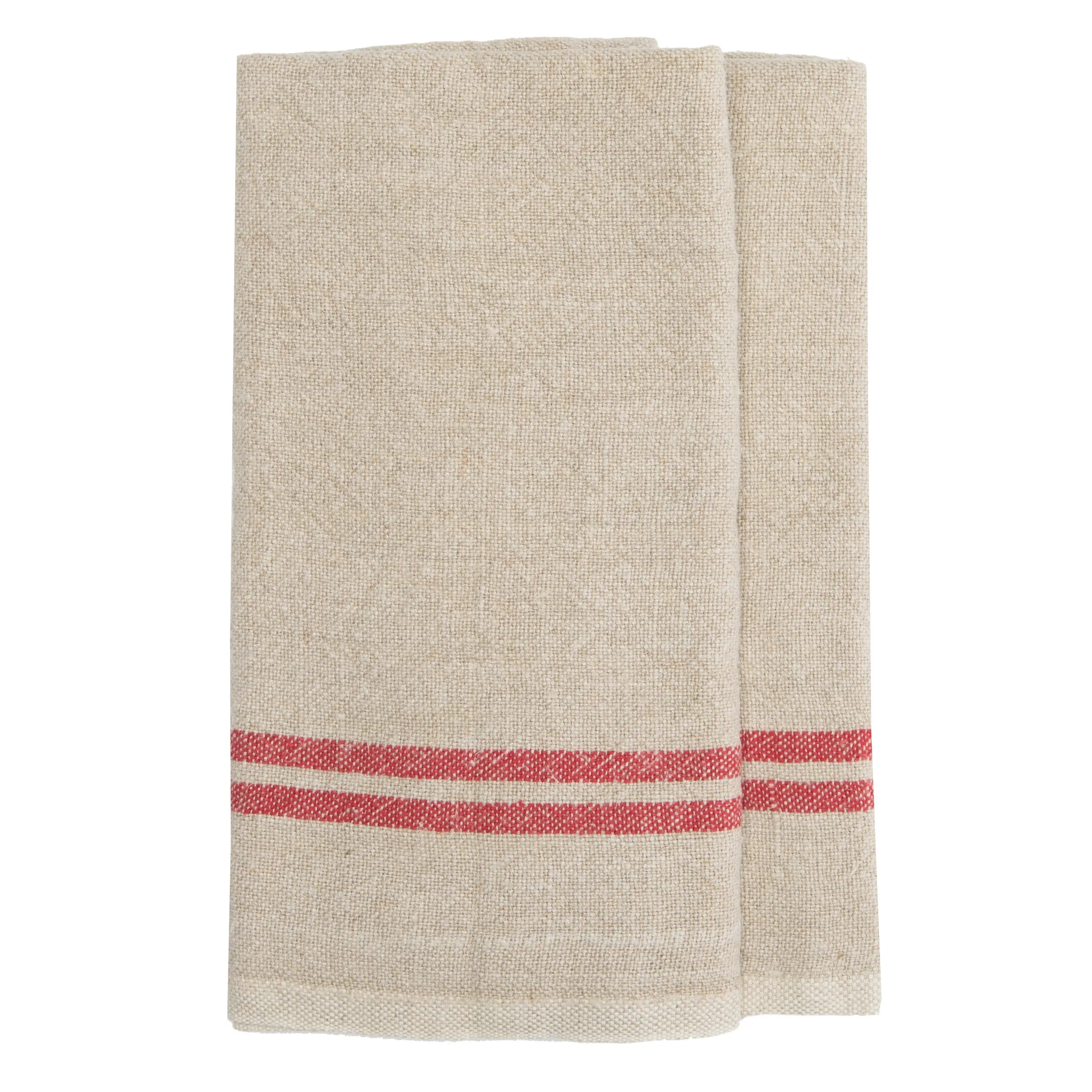 Vintage Linen Kitchen Towels Natural & Red, Set of 2