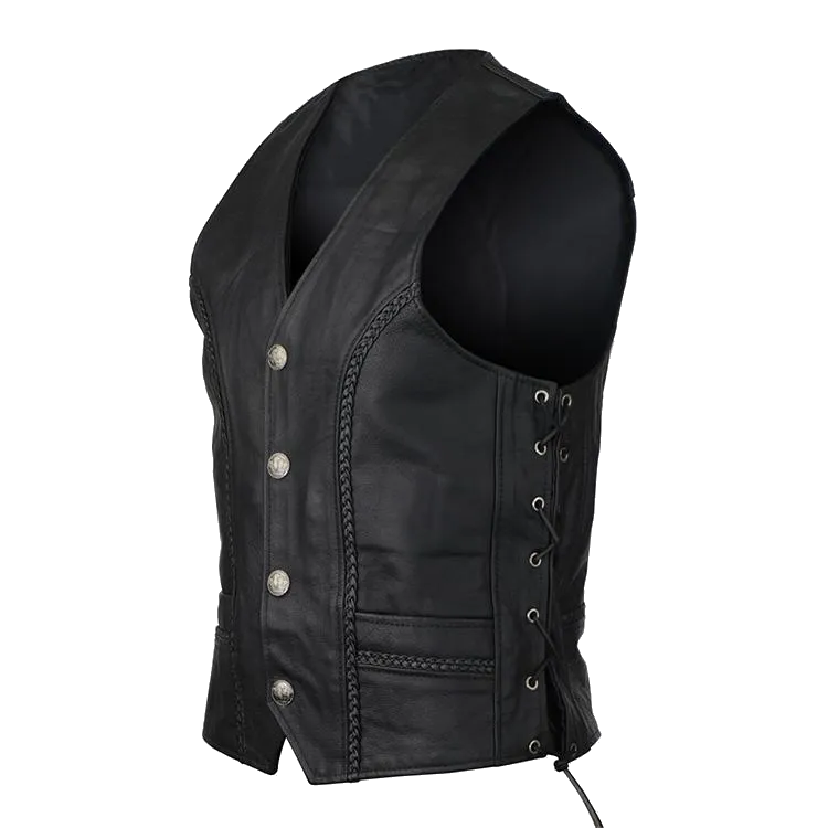 VL908 Vance Leather Buffalo Nickel Leather Motorcycle Vest with Braids and Side Laces