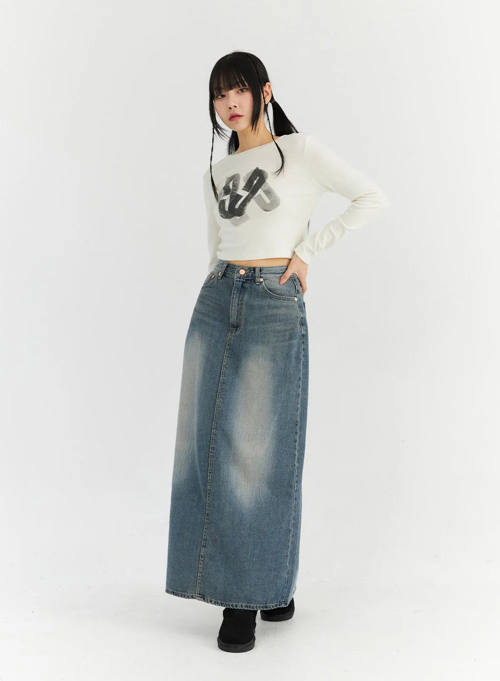 Washed Maxi Denim Skirt CN306