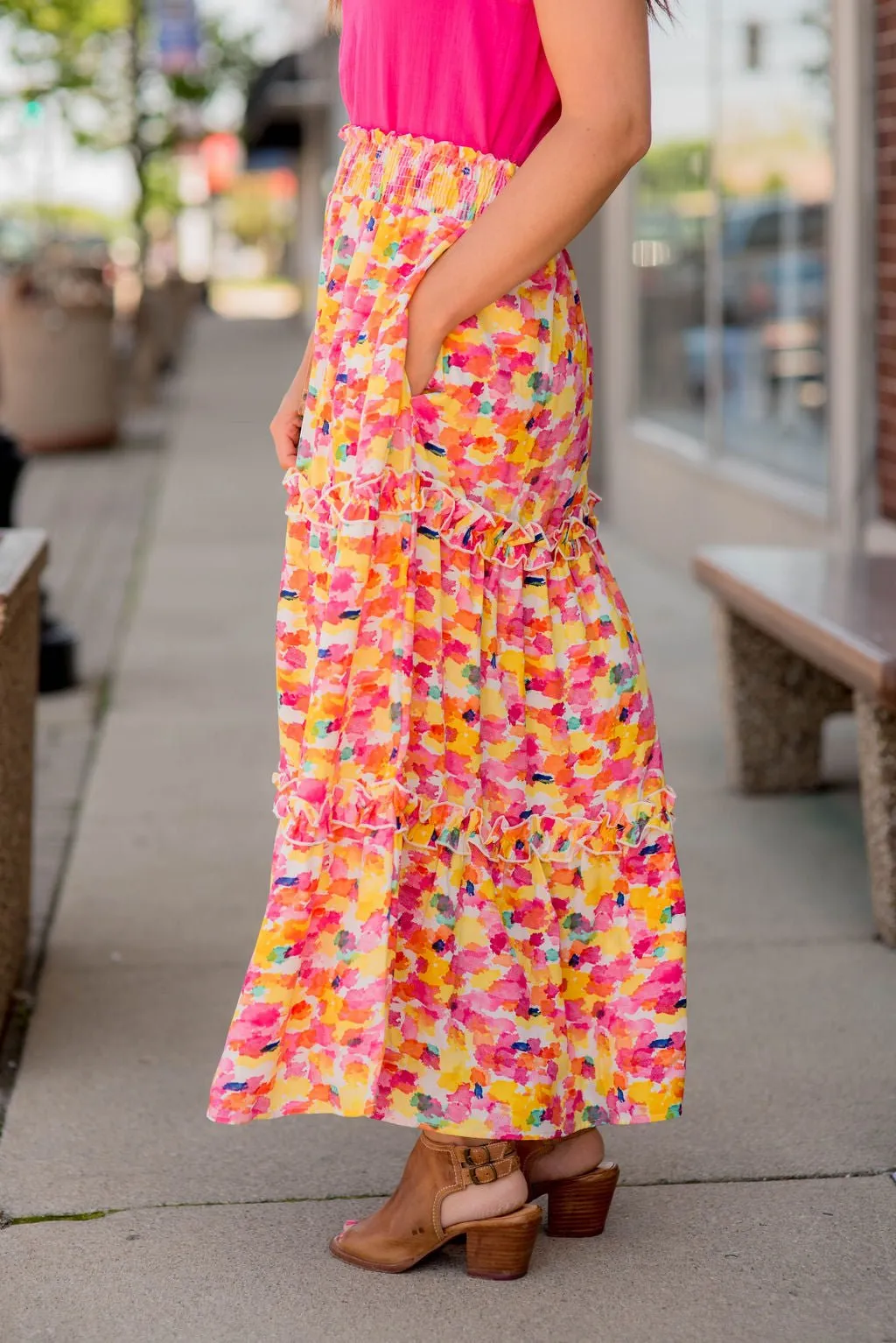 Watercolor Ruffled Maxi Skirt