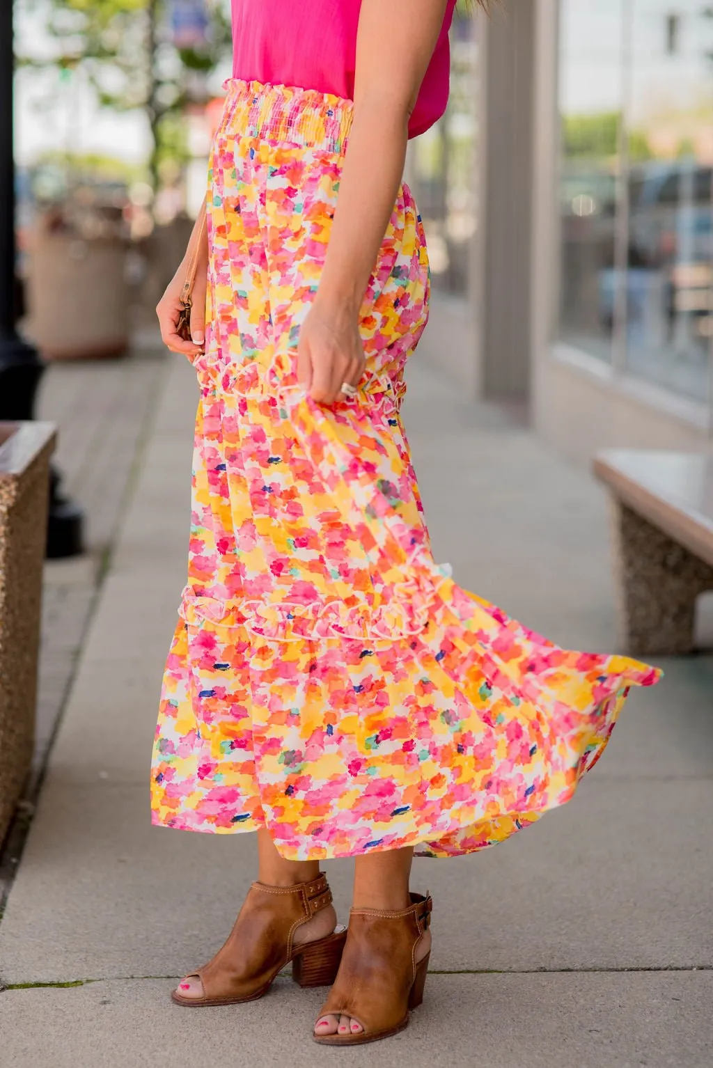 Watercolor Ruffled Maxi Skirt