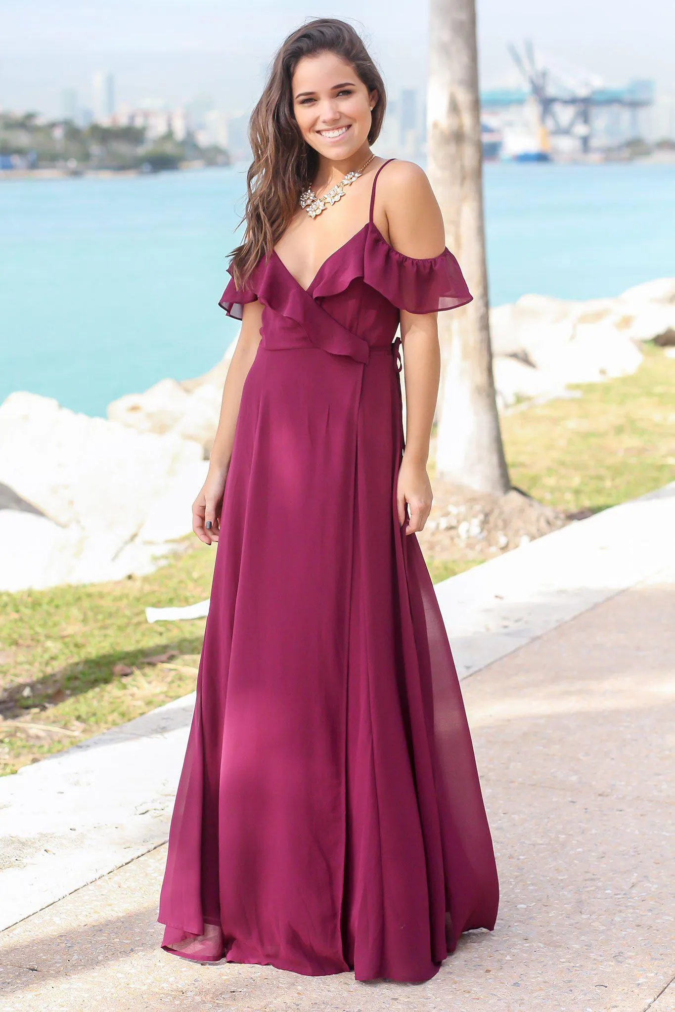 Wine Wrap Dress with Ruffle Top