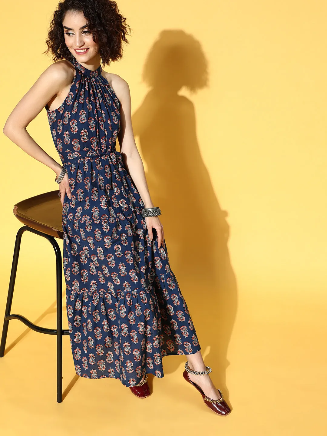 Women Blue Ethnic Motifs Halter Neck Ethnic Maxi Dress