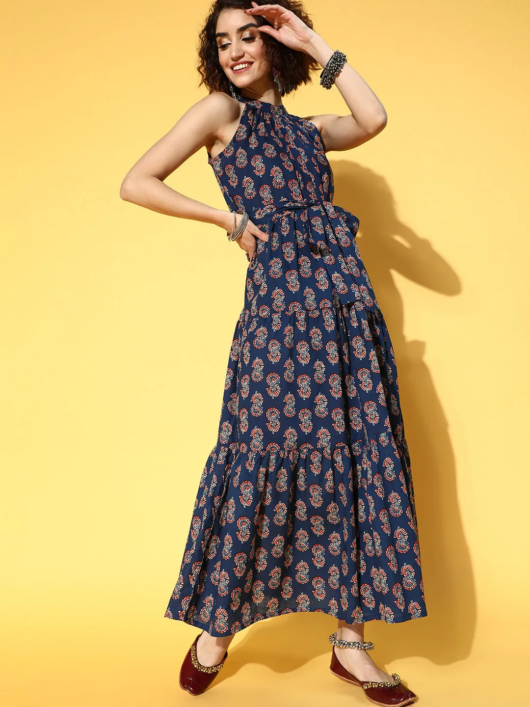 Women Blue Ethnic Motifs Halter Neck Ethnic Maxi Dress