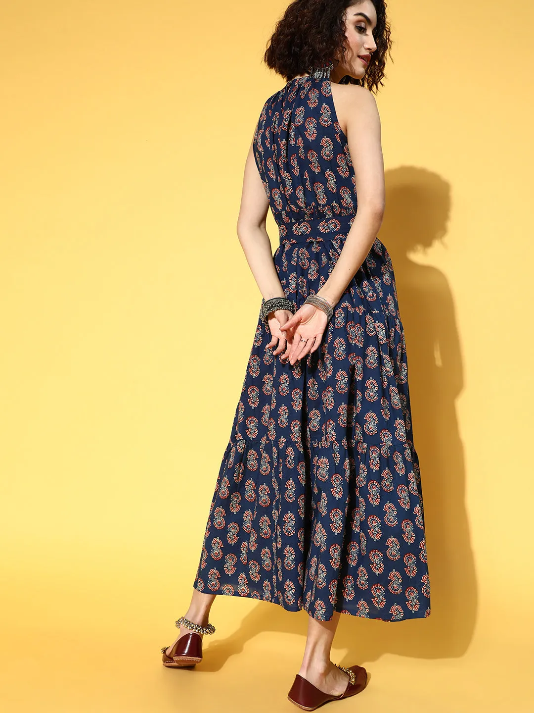 Women Blue Ethnic Motifs Halter Neck Ethnic Maxi Dress