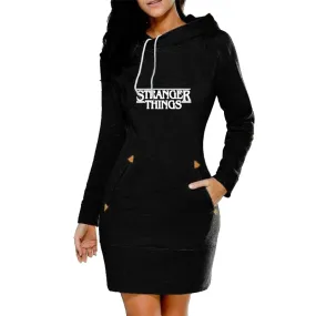 Women Long Hoodies Stranger Thing Printed Long Sleeved Dress Drawstring Hooded Pullover Dresses