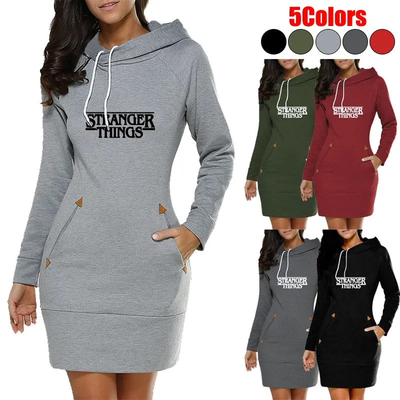 Women Long Hoodies Stranger Thing Printed Long Sleeved Dress Drawstring Hooded Pullover Dresses