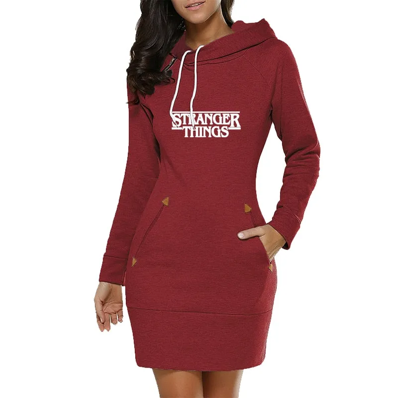 Women Long Hoodies Stranger Thing Printed Long Sleeved Dress Drawstring Hooded Pullover Dresses