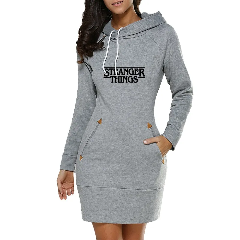 Women Long Hoodies Stranger Thing Printed Long Sleeved Dress Drawstring Hooded Pullover Dresses