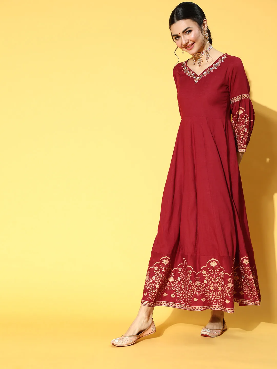 Women Maroon Floral Ethnic Maxi Dress With Dupatta