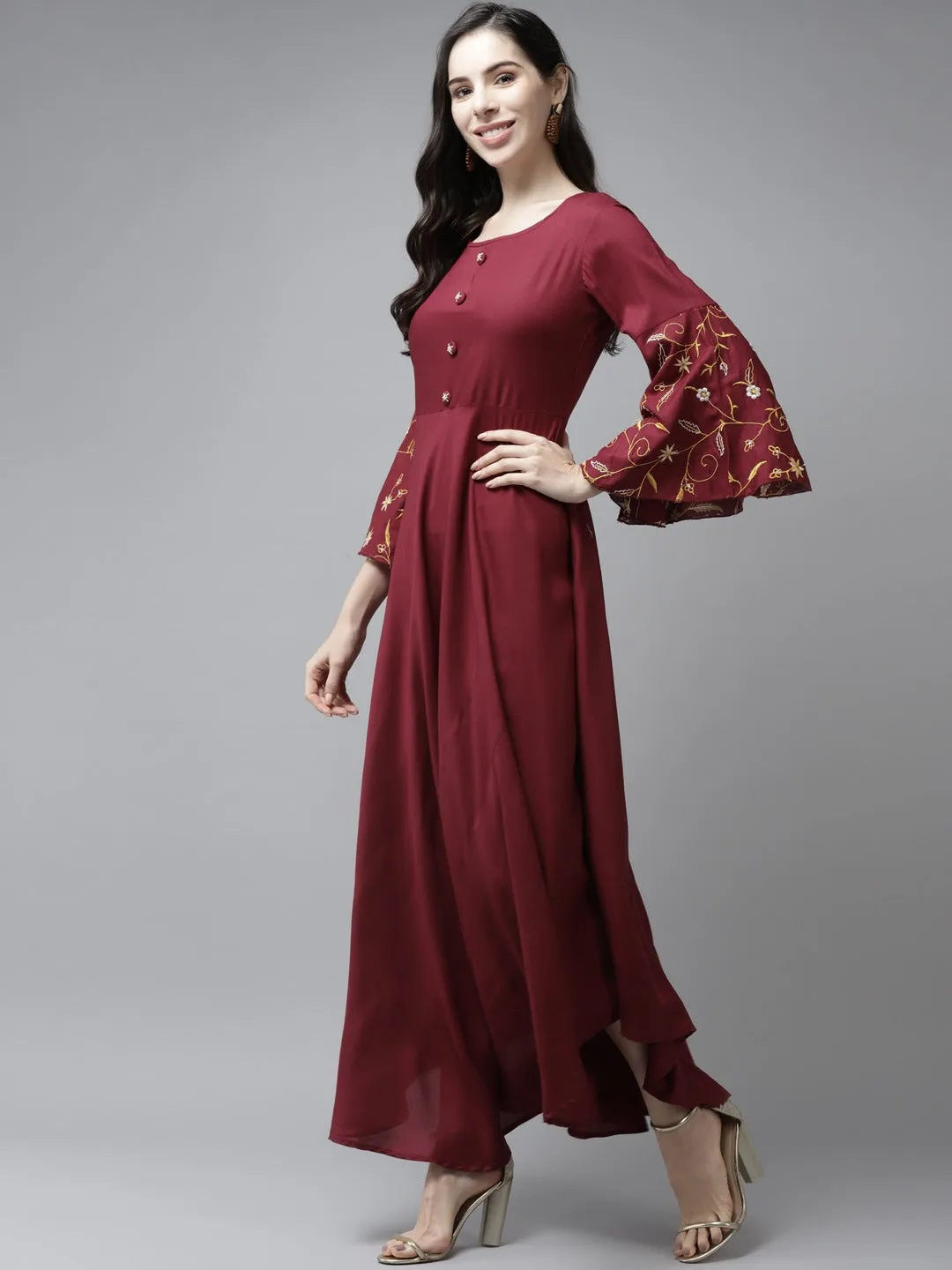 Women Maroon Solid Rayon Maxi Dress Wirh Dupatta