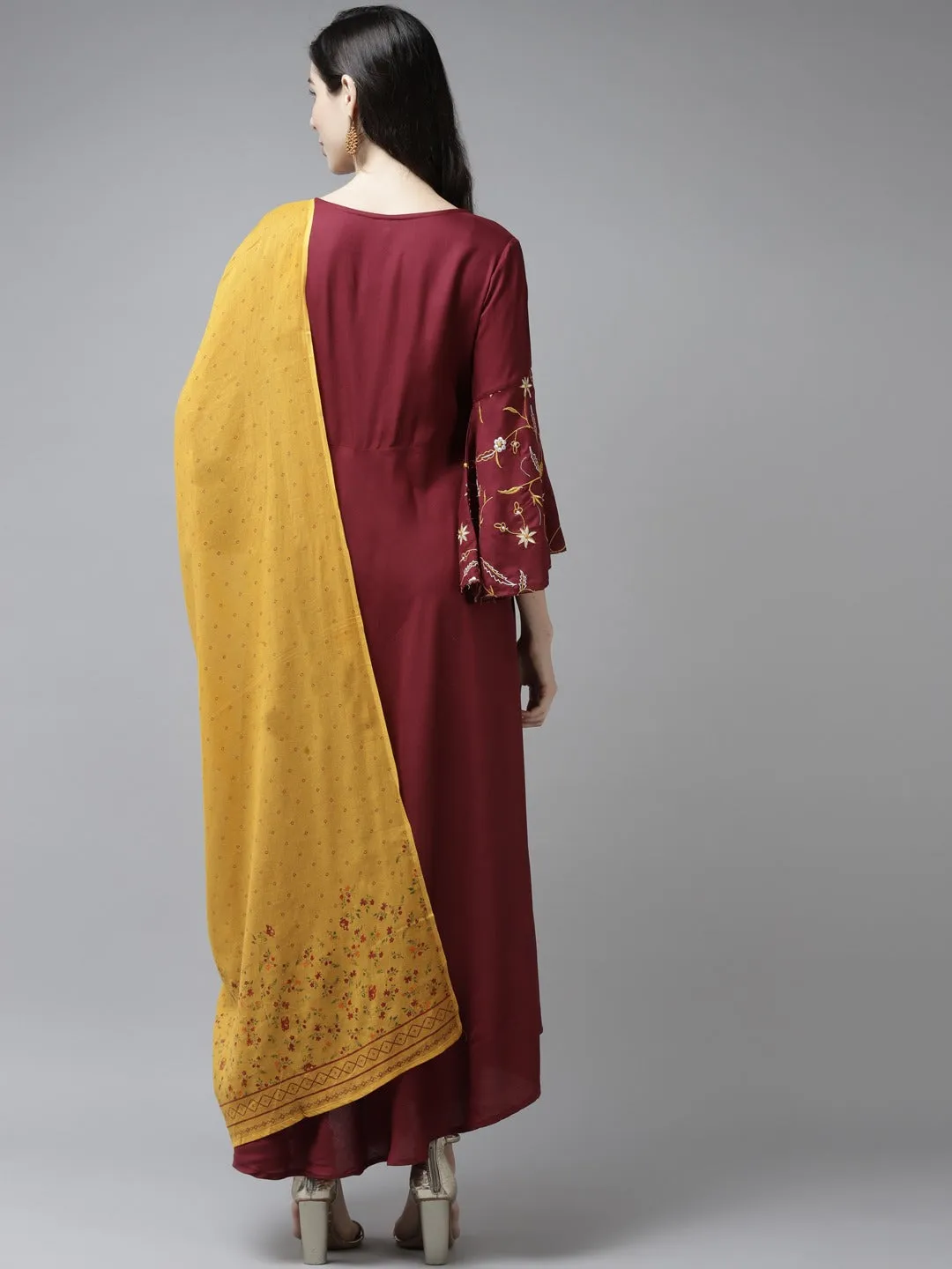 Women Maroon Solid Rayon Maxi Dress Wirh Dupatta