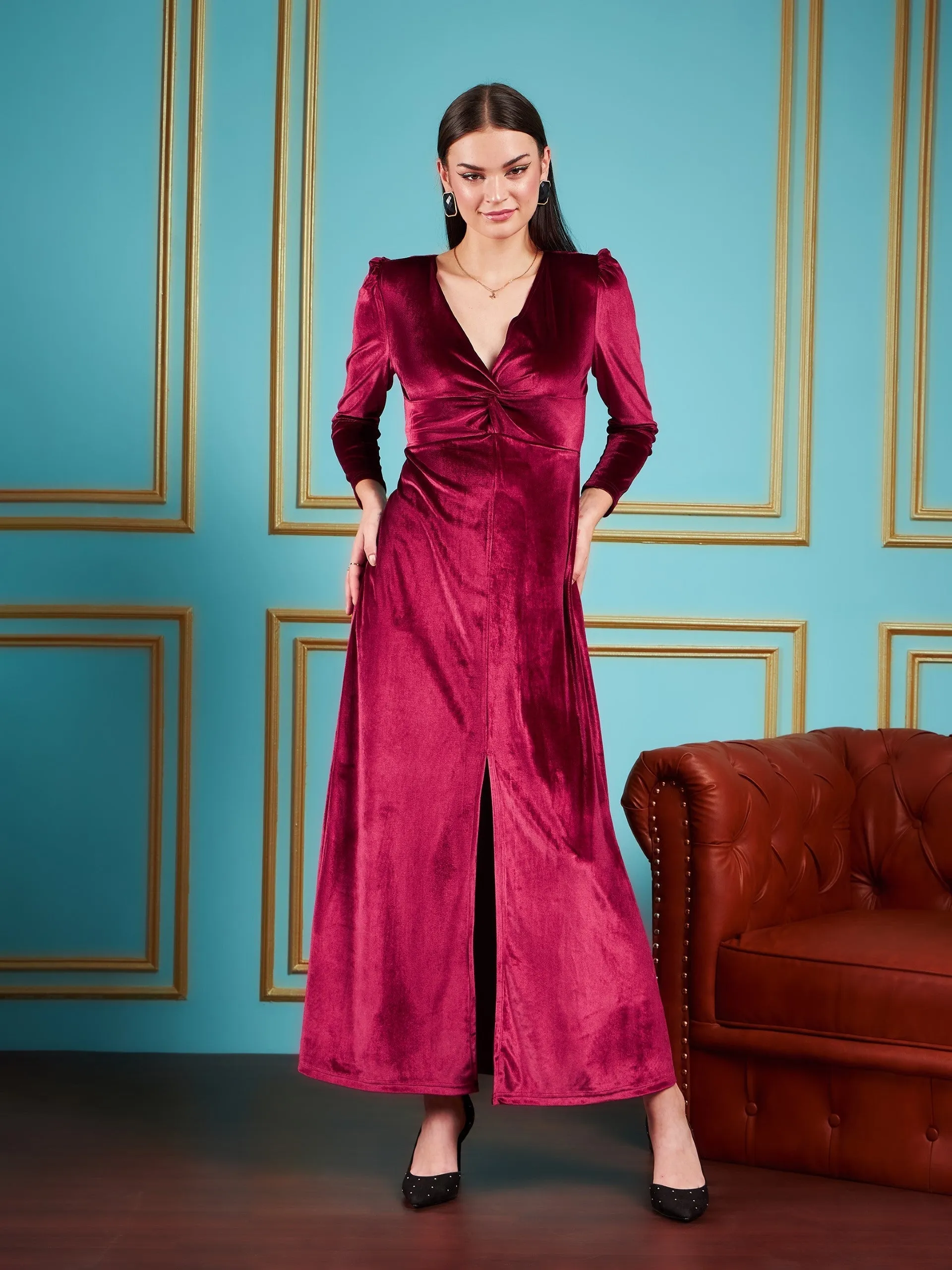 Women Maroon Velvet Front Twisted Maxi Dress