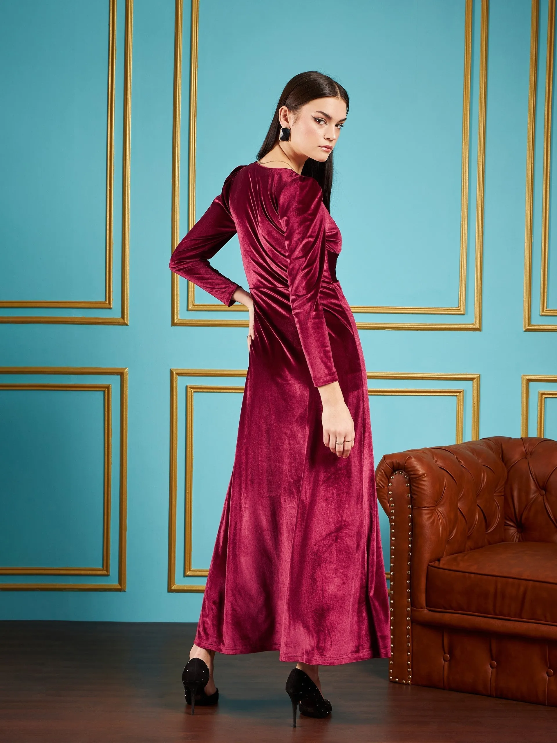 Women Maroon Velvet Front Twisted Maxi Dress