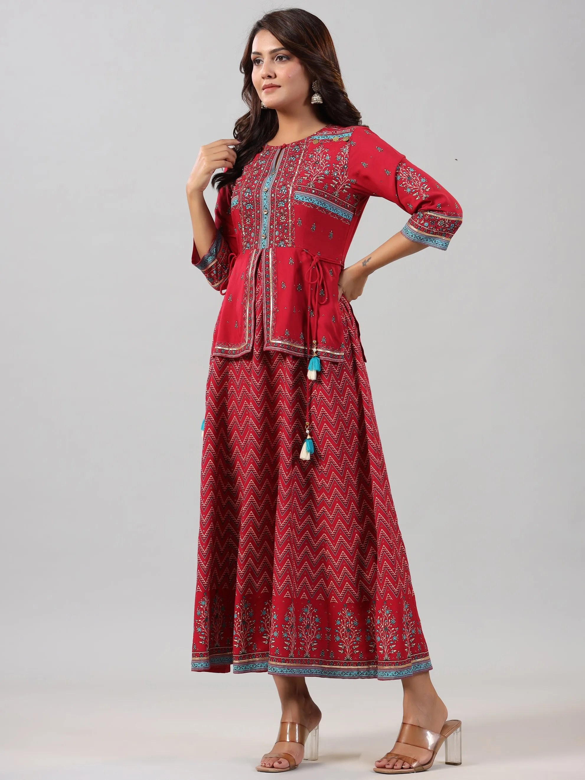 Women Red Rayon Printed Maxi Dress