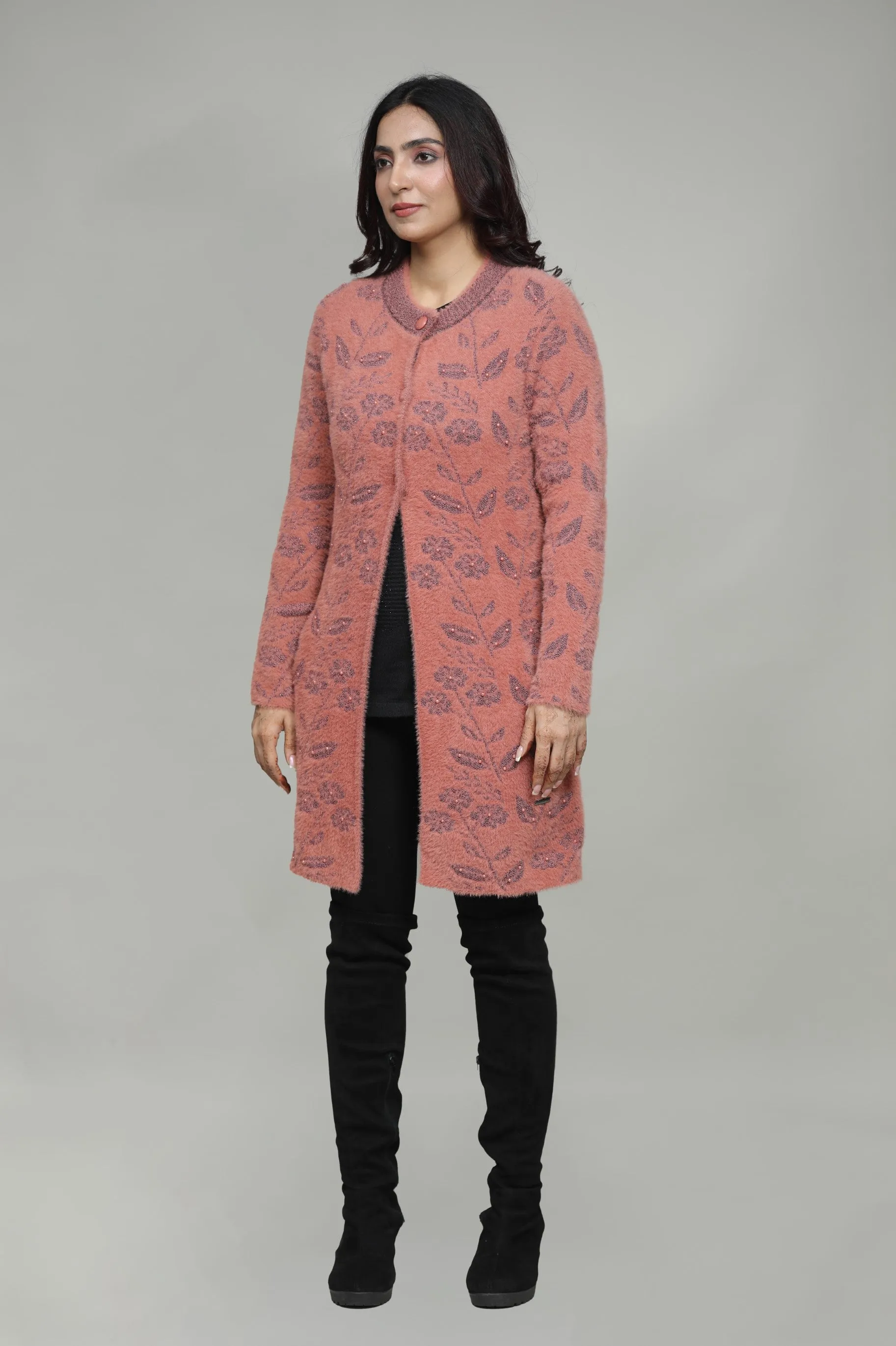 Woolen Fancy Round Neck Long Coat For Women