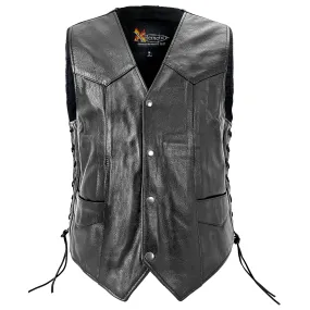 Xelement 202 Black Motorcycle Leather Vest with Side Lace for Men - 100% Genuine Light Weight Premium & Durable Thick Cowhide Biker Club Vest With 4 Snap Button Closure and Conceal Carry Pockets